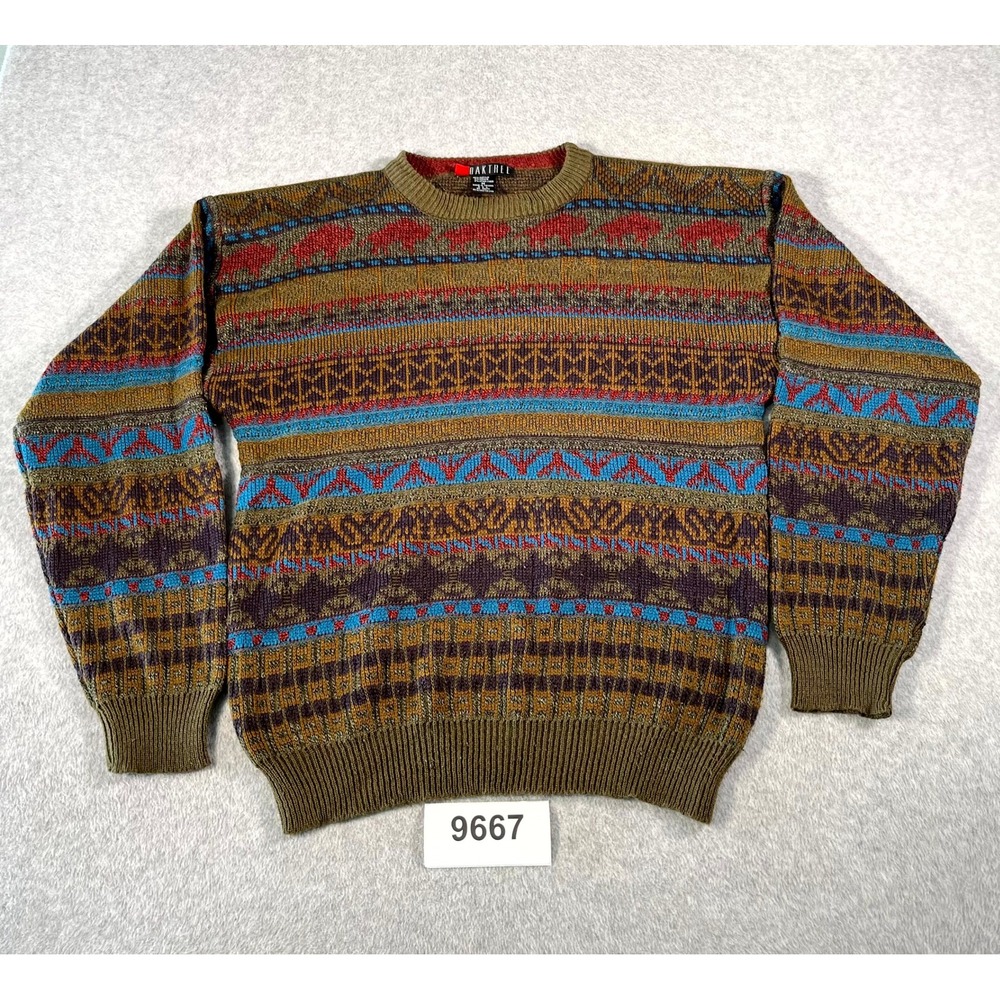 Vintage Oaktree Sweater Mens Medium Green Striped Acrylic Tight Knit Crew Neck